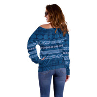 Fiji Marau na Kerisimasi Off Shoulder Sweater Blue Tapa Masi Inspired Christmas LT9 - Polynesian Pride