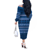 Fiji Marau na Kerisimasi Off The Shoulder Long Sleeve Dress Blue Tapa Masi Inspired Christmas LT9 - Polynesian Pride