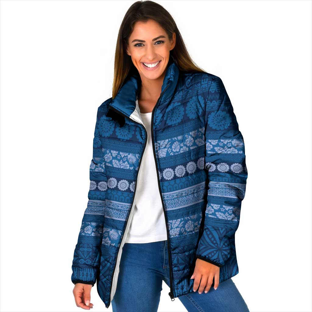Fiji Marau na Kerisimasi Padded Jacket Blue Tapa Masi Inspired Christmas - Polynesian Pride