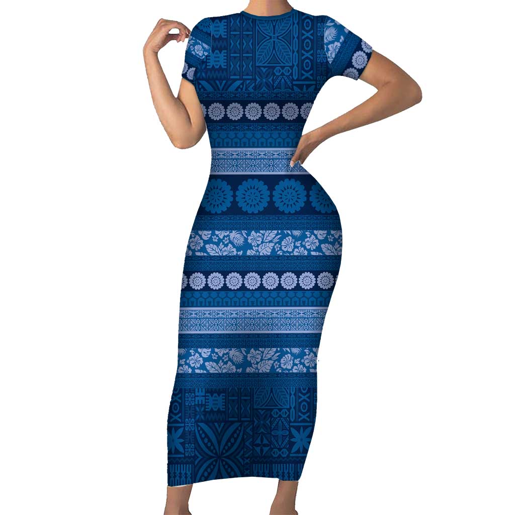 Fiji Marau na Kerisimasi Short Sleeve Bodycon Dress Blue Tapa Masi Inspired Christmas LT9 Long Dress Blue - Polynesian Pride