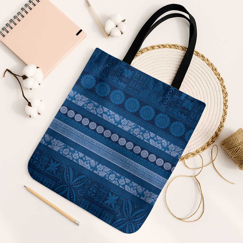 Fiji Marau na Kerisimasi Tote Bag Blue Tapa Masi Inspired Christmas LT9 Black Strap One Size Blue - Polynesian Pride