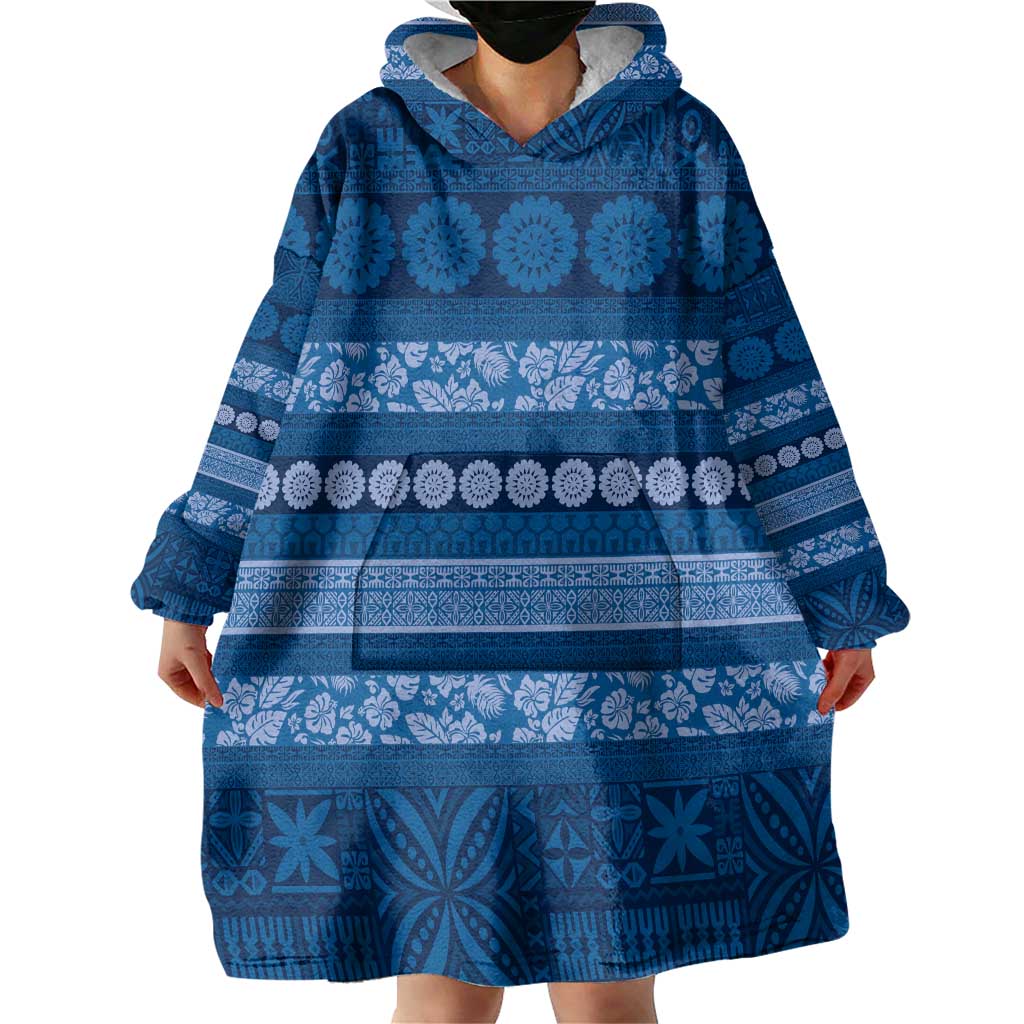 Fiji Marau na Kerisimasi Wearable Blanket Hoodie Blue Tapa Masi Inspired Christmas LT9 - Polynesian Pride