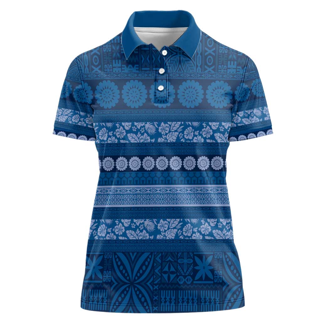 Fiji Marau na Kerisimasi Women Polo Shirt Blue Tapa Masi Inspired Christmas - Polynesian Pride