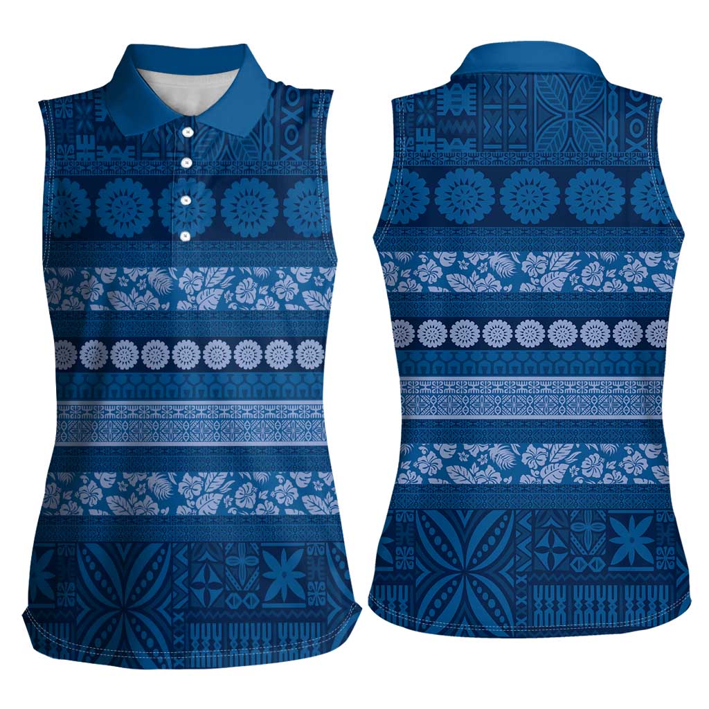 Fiji Marau na Kerisimasi Women Sleeveless Polo Shirt Blue Tapa Masi Inspired Christmas LT9 - Polynesian Pride