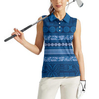 Fiji Marau na Kerisimasi Women Sleeveless Polo Shirt Blue Tapa Masi Inspired Christmas LT9 - Polynesian Pride