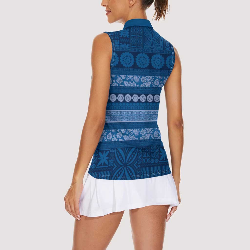 Fiji Marau na Kerisimasi Women Sleeveless Polo Shirt Blue Tapa Masi Inspired Christmas LT9 - Polynesian Pride