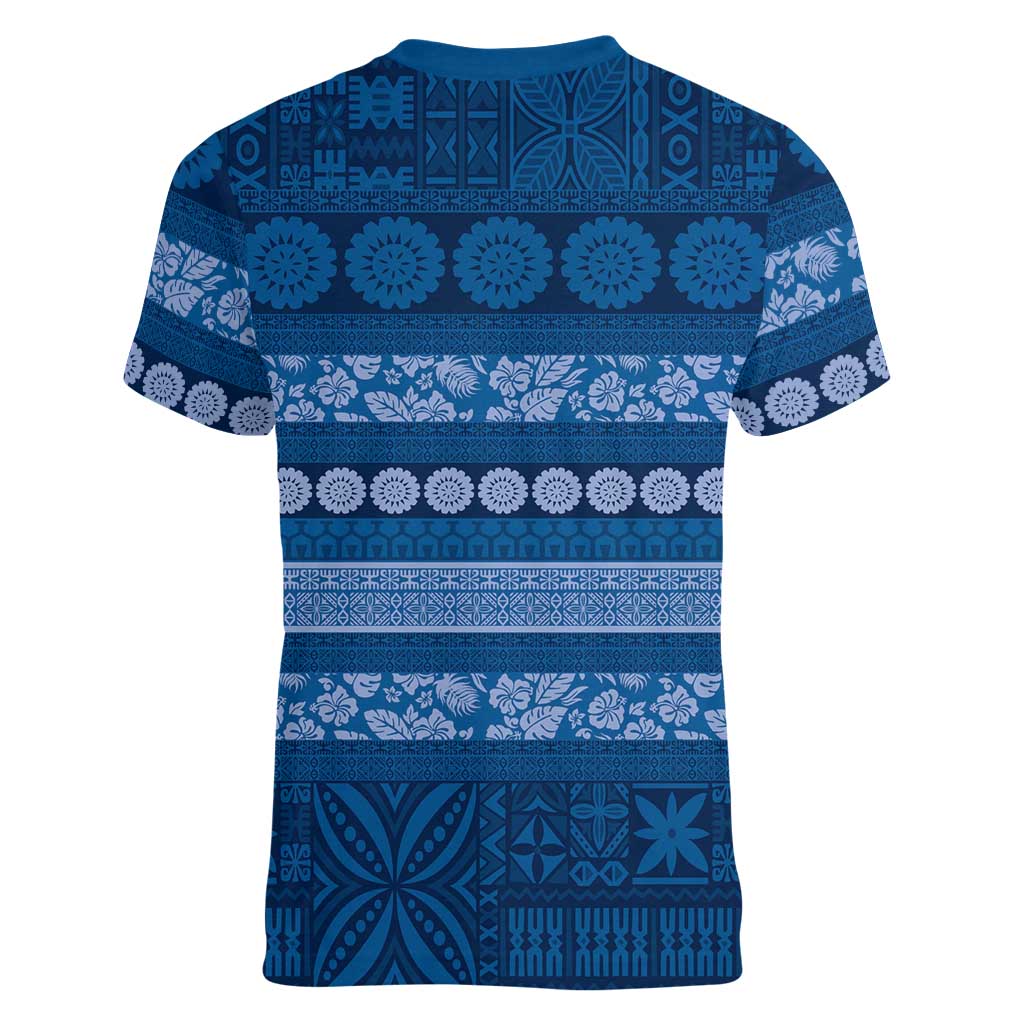 Fiji Marau na Kerisimasi Women V-Neck T-Shirt Blue Tapa Masi Inspired Christmas LT9 - Polynesian Pride