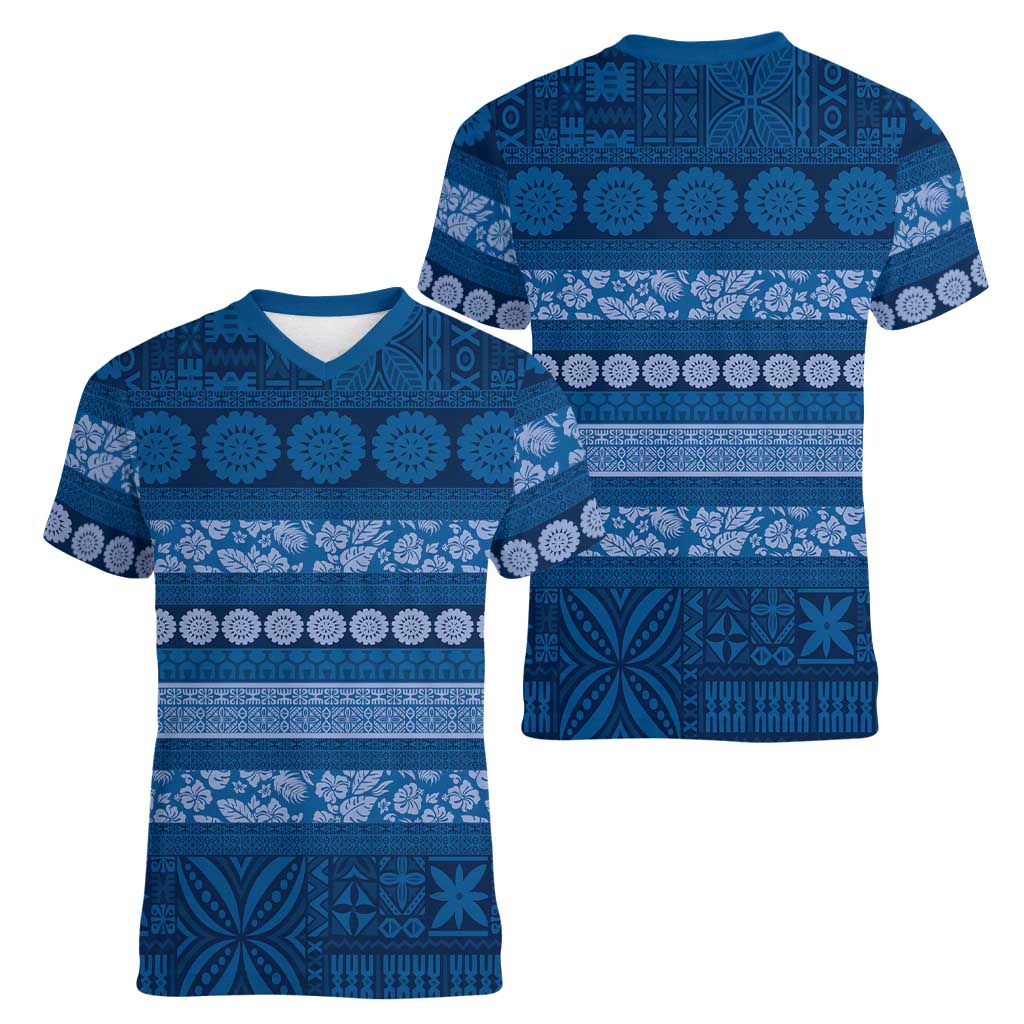 Fiji Marau na Kerisimasi Women V-Neck T-Shirt Blue Tapa Masi Inspired Christmas LT9 - Polynesian Pride