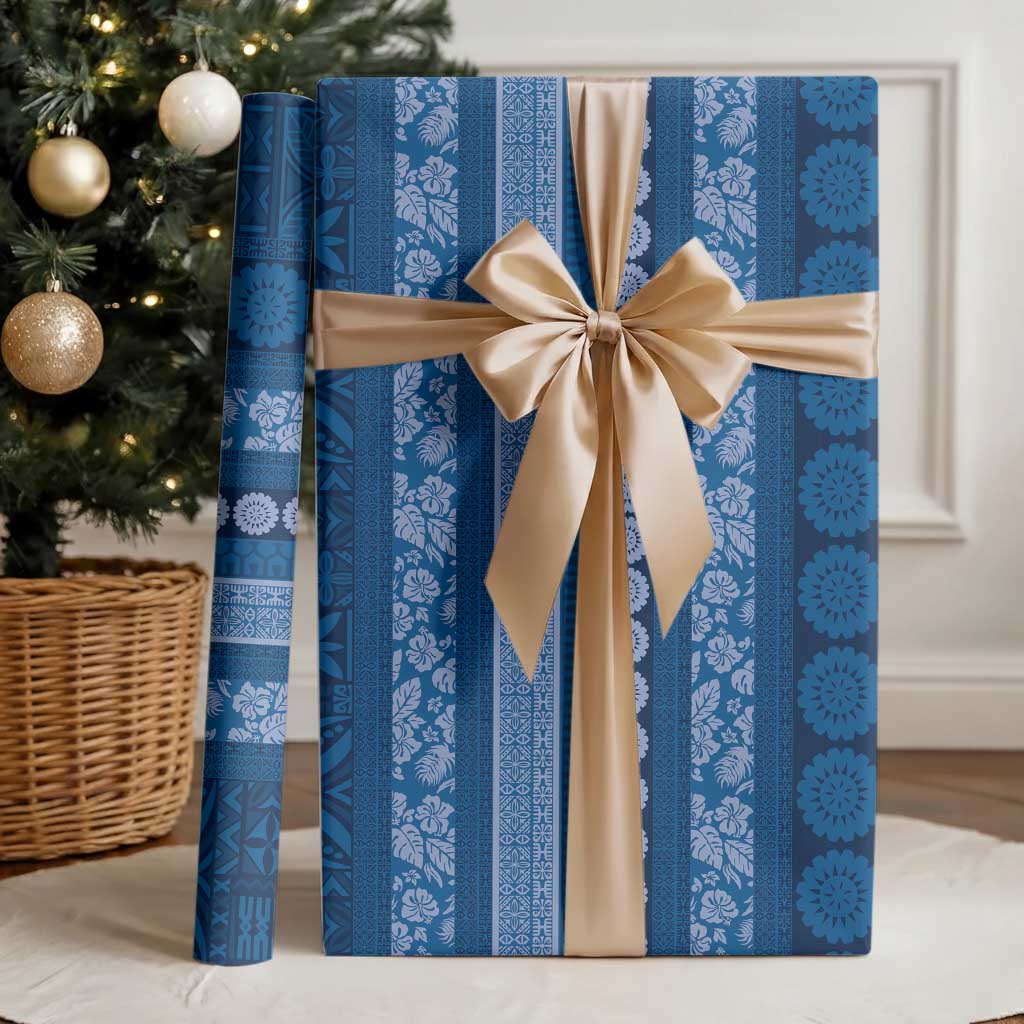 Fiji Marau na Kerisimasi Wrapping Paper Blue Tapa Masi Inspired Christmas - Polynesian Pride