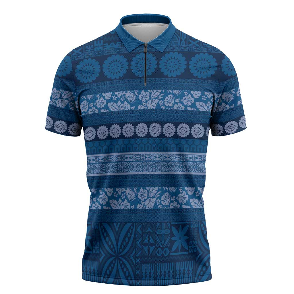 Fiji Marau na Kerisimasi Zipper Polo Shirt Blue Tapa Masi Inspired Christmas - Polynesian Pride