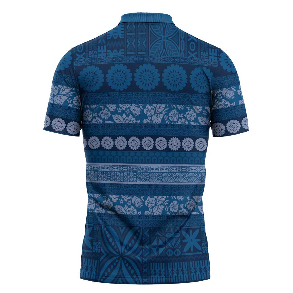 Fiji Marau na Kerisimasi Zipper Polo Shirt Blue Tapa Masi Inspired Christmas LT9 - Polynesian Pride