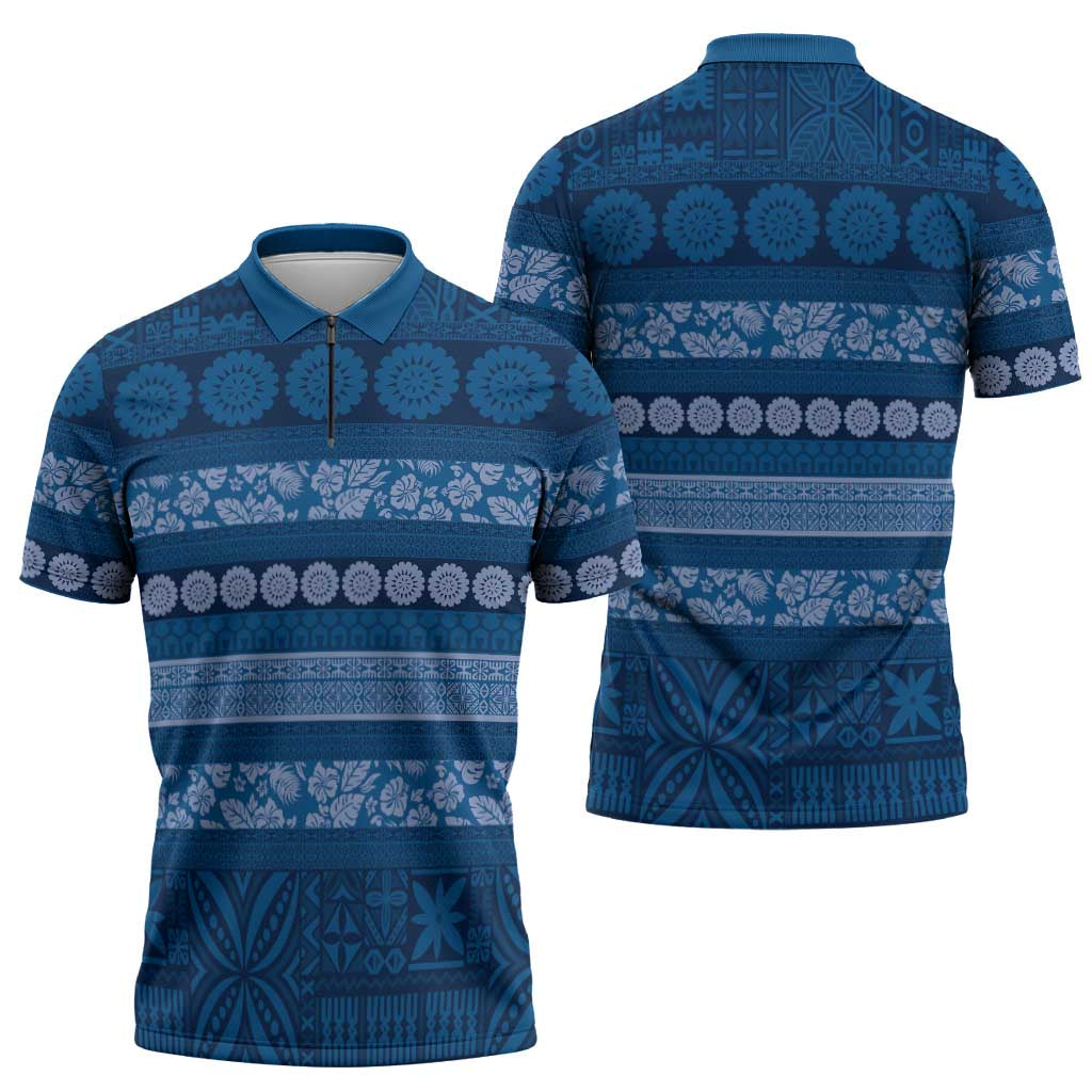 Fiji Marau na Kerisimasi Zipper Polo Shirt Blue Tapa Masi Inspired Christmas LT9 - Polynesian Pride