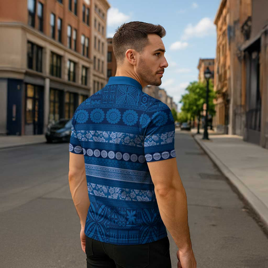 Fiji Marau na Kerisimasi Zipper Polo Shirt Blue Tapa Masi Inspired Christmas LT9 - Polynesian Pride