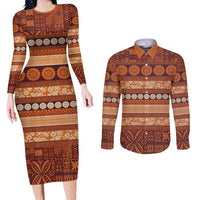 Fiji Marau na Kerisimasi Couples Matching Long Sleeve Bodycon Dress and Long Sleeve Button Shirt Gold Tapa Masi Inspired Christmas LT9 Gold - Polynesian Pride