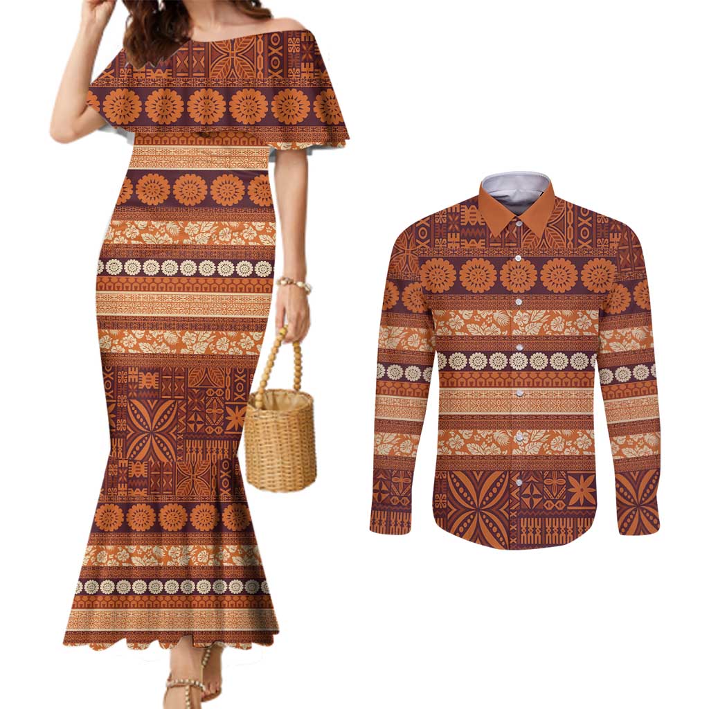 Fiji Marau na Kerisimasi Couples Matching Mermaid Dress and Long Sleeve Button Shirt Gold Tapa Masi Inspired Christmas - Polynesian Pride