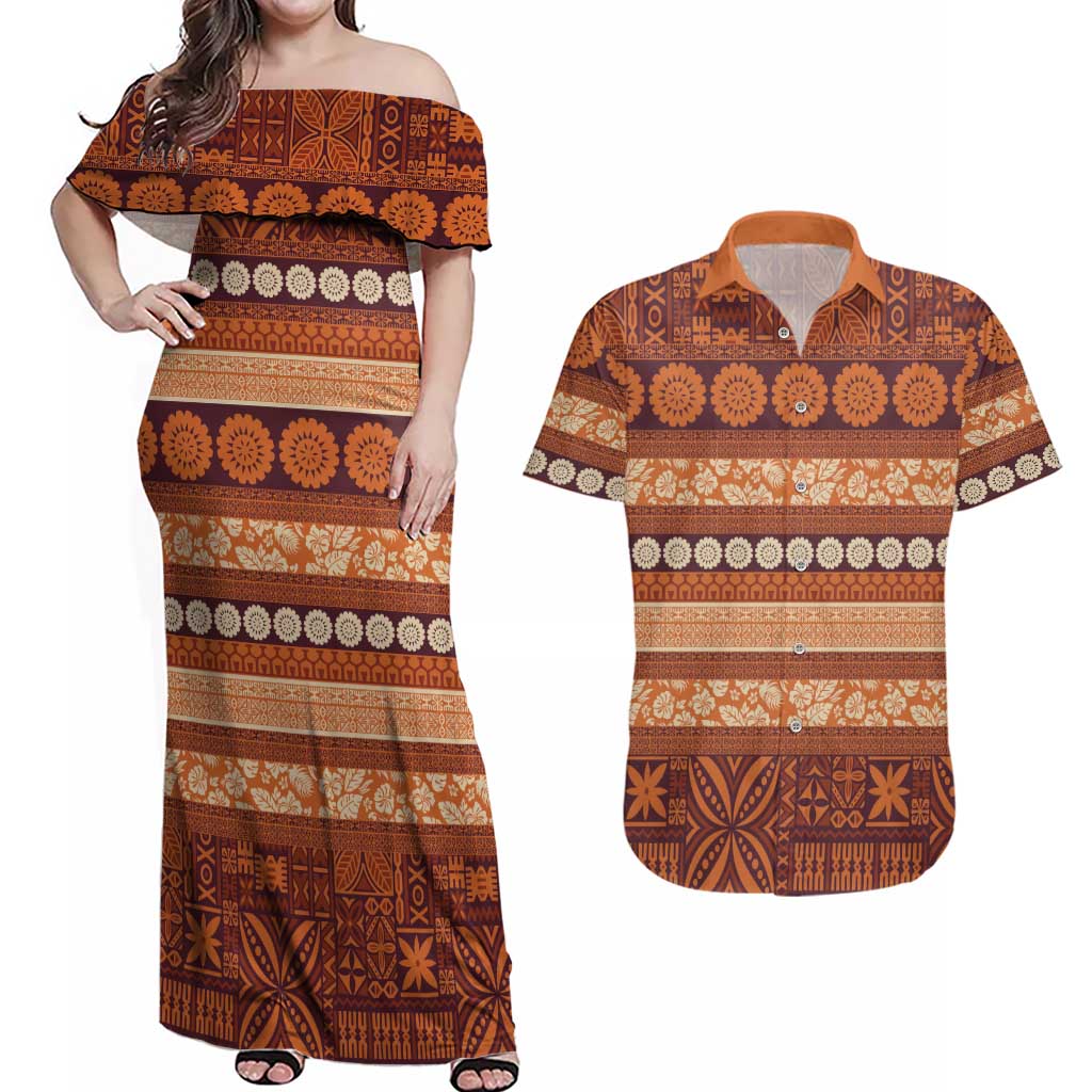 Fiji Marau na Kerisimasi Couples Matching Off Shoulder Maxi Dress and Hawaiian Shirt Gold Tapa Masi Inspired Christmas LT9 Gold - Polynesian Pride