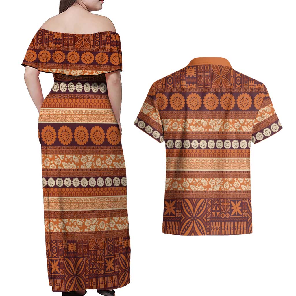 Fiji Marau na Kerisimasi Couples Matching Off Shoulder Maxi Dress and Hawaiian Shirt Gold Tapa Masi Inspired Christmas LT9 - Polynesian Pride