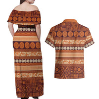 Fiji Marau na Kerisimasi Couples Matching Off Shoulder Maxi Dress and Hawaiian Shirt Gold Tapa Masi Inspired Christmas LT9 - Polynesian Pride