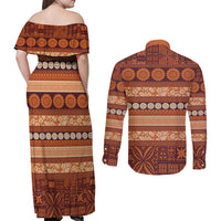 Fiji Marau na Kerisimasi Couples Matching Off Shoulder Maxi Dress and Long Sleeve Button Shirt Gold Tapa Masi Inspired Christmas LT9 - Polynesian Pride
