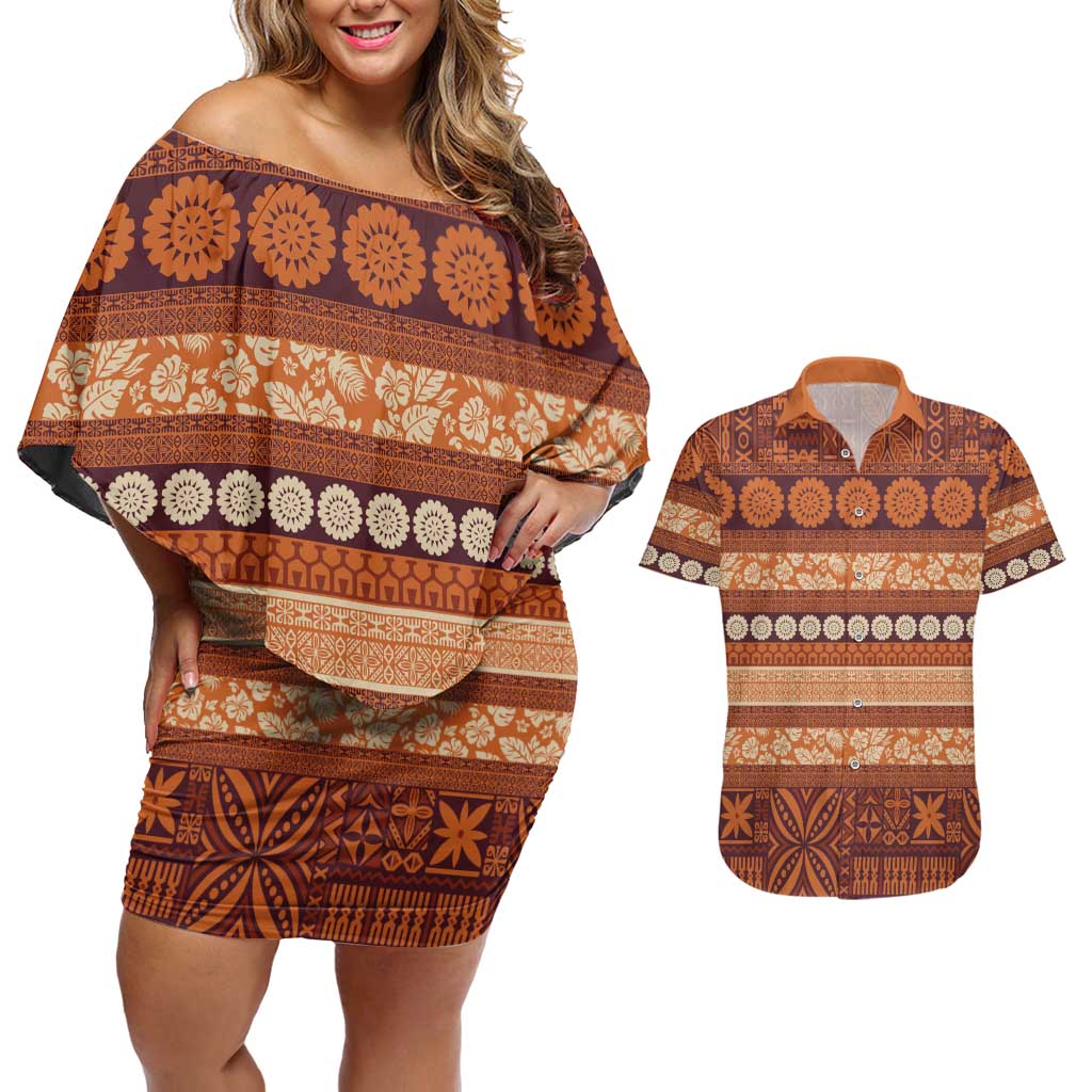 Fiji Marau na Kerisimasi Couples Matching Off Shoulder Short Dress and Hawaiian Shirt Gold Tapa Masi Inspired Christmas LT9 Gold - Polynesian Pride