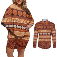 Fiji Marau na Kerisimasi Couples Matching Off Shoulder Short Dress and Long Sleeve Button Shirt Gold Tapa Masi Inspired Christmas LT9 Gold - Polynesian Pride