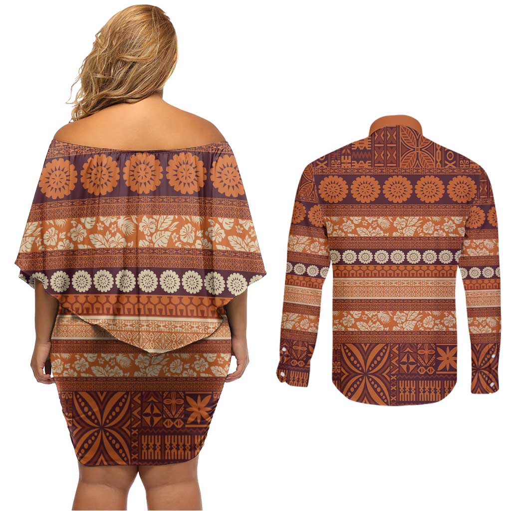 Fiji Marau na Kerisimasi Couples Matching Off Shoulder Short Dress and Long Sleeve Button Shirt Gold Tapa Masi Inspired Christmas LT9 - Polynesian Pride