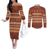 Fiji Marau na Kerisimasi Couples Matching Off The Shoulder Long Sleeve Dress and Long Sleeve Button Shirt Gold Tapa Masi Inspired Christmas LT9 Gold - Polynesian Pride