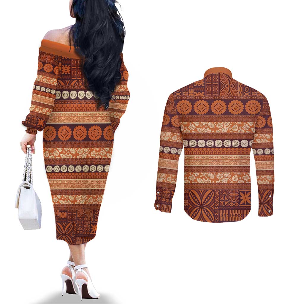 Fiji Marau na Kerisimasi Couples Matching Off The Shoulder Long Sleeve Dress and Long Sleeve Button Shirt Gold Tapa Masi Inspired Christmas LT9 - Polynesian Pride