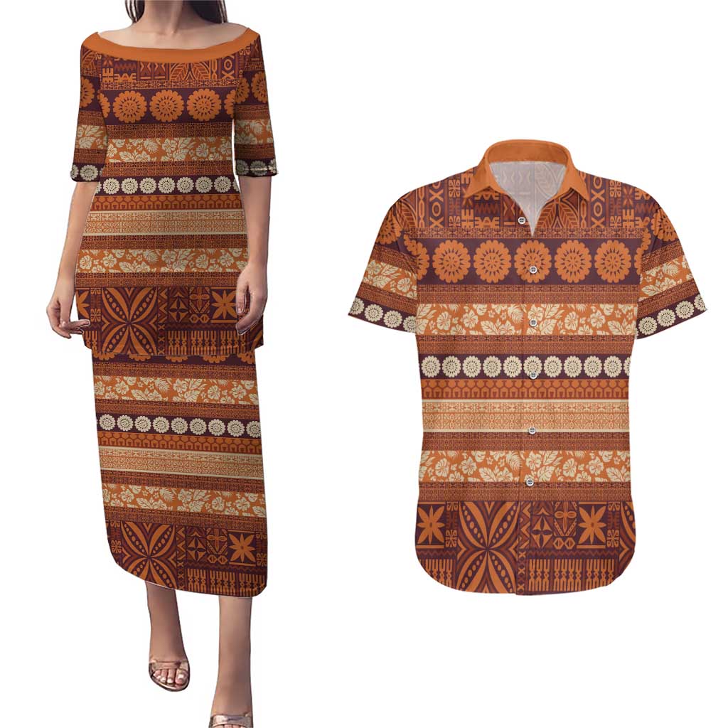 Fiji Marau na Kerisimasi Couples Matching Puletasi and Hawaiian Shirt Gold Tapa Masi Inspired Christmas - Polynesian Pride