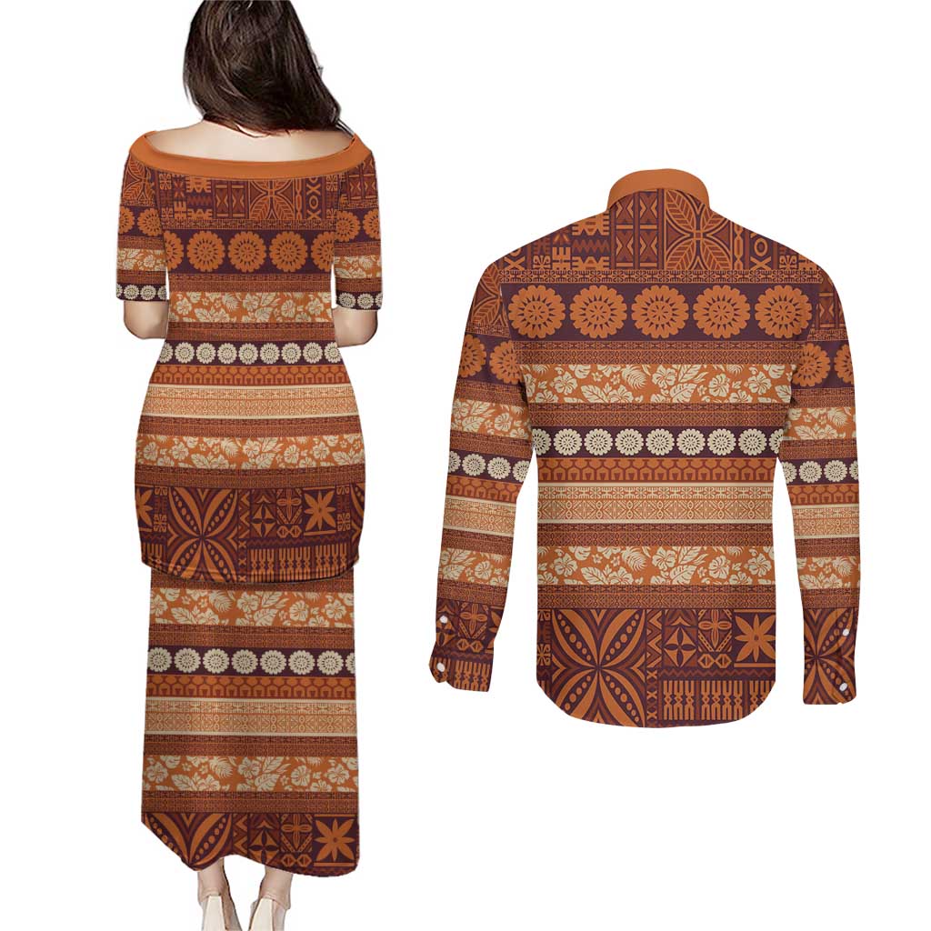 Fiji Marau na Kerisimasi Couples Matching Puletasi and Long Sleeve Button Shirt Gold Tapa Masi Inspired Christmas LT9 - Polynesian Pride