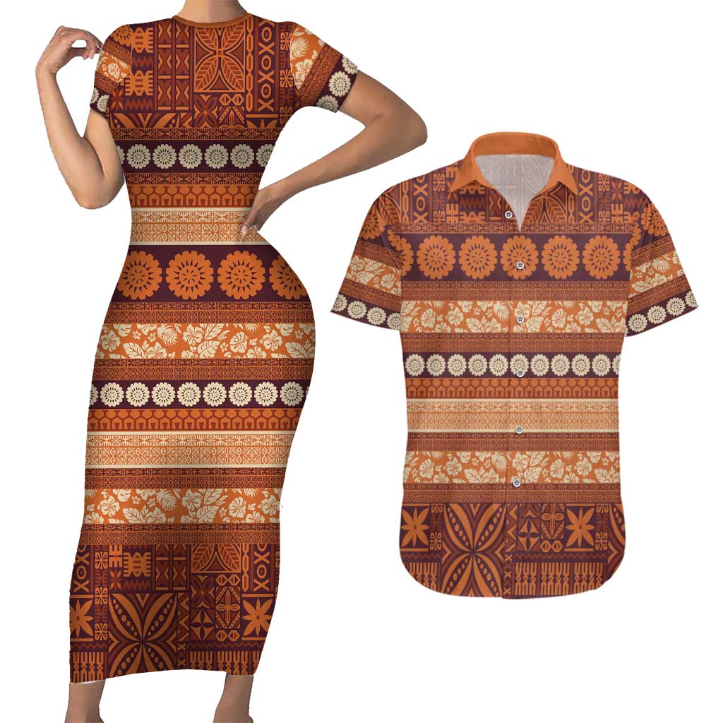 Fiji Marau na Kerisimasi Couples Matching Short Sleeve Bodycon Dress and Hawaiian Shirt Gold Tapa Masi Inspired Christmas LT9 Gold - Polynesian Pride