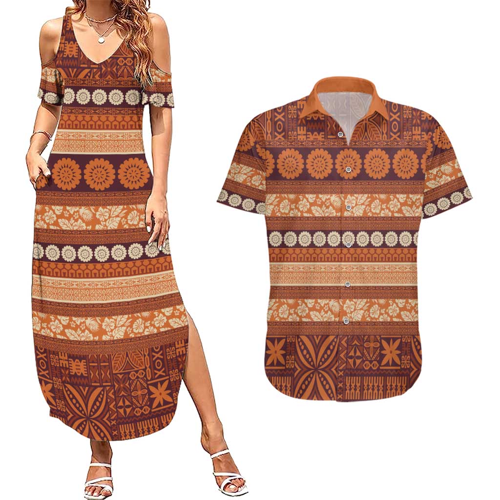 Fiji Marau na Kerisimasi Couples Matching Summer Maxi Dress and Hawaiian Shirt Gold Tapa Masi Inspired Christmas - Polynesian Pride