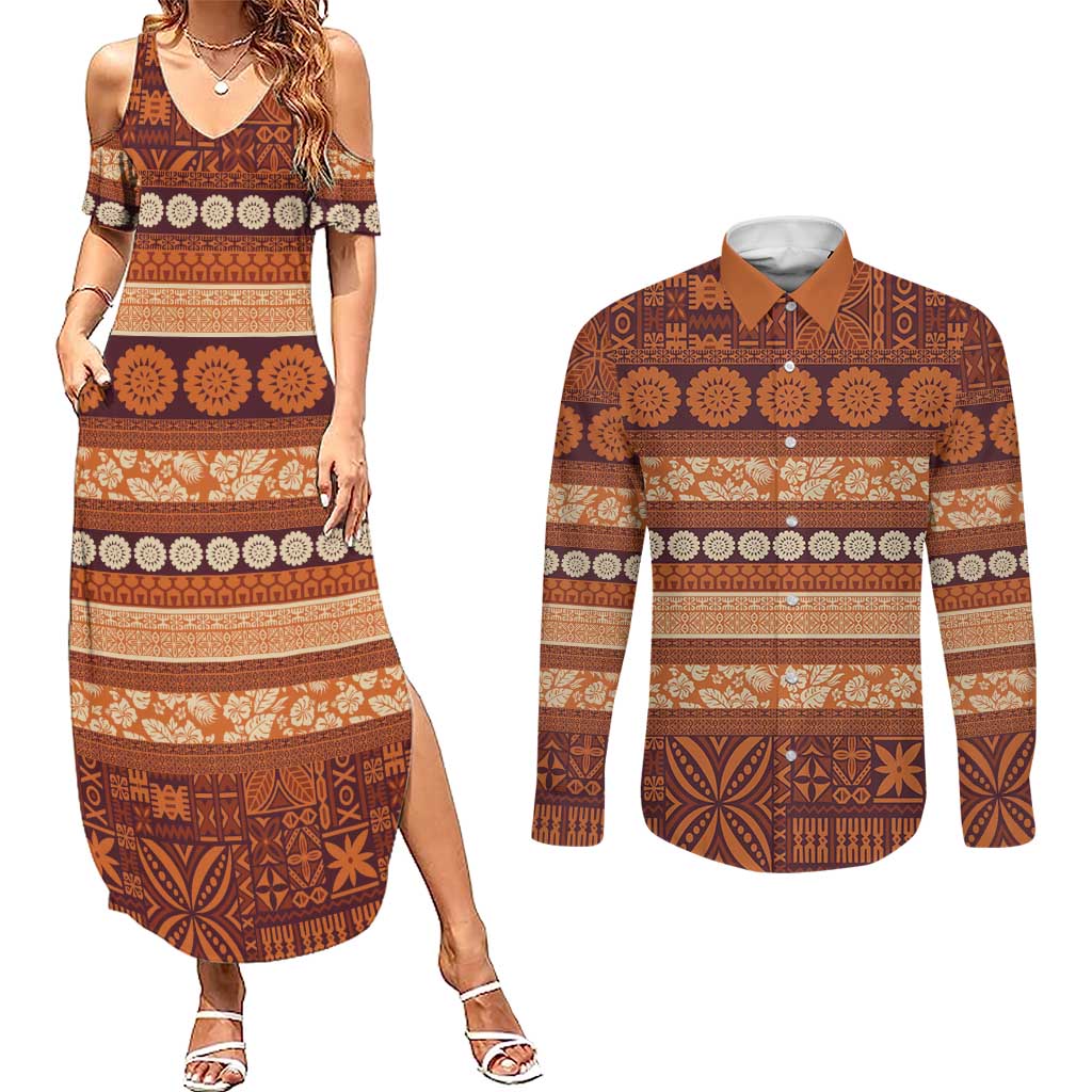 Fiji Marau na Kerisimasi Couples Matching Summer Maxi Dress and Long Sleeve Button Shirt Gold Tapa Masi Inspired Christmas LT9 Gold - Polynesian Pride