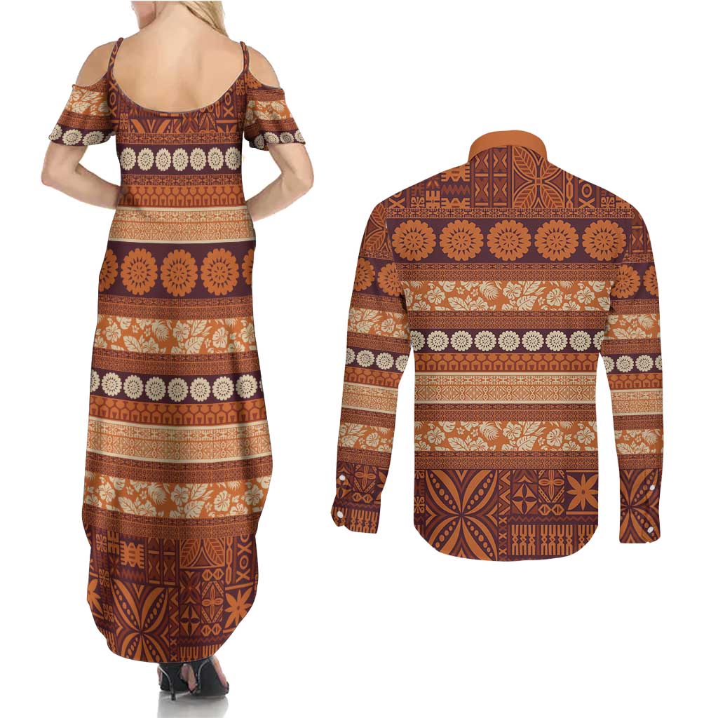 Fiji Marau na Kerisimasi Couples Matching Summer Maxi Dress and Long Sleeve Button Shirt Gold Tapa Masi Inspired Christmas LT9 - Polynesian Pride