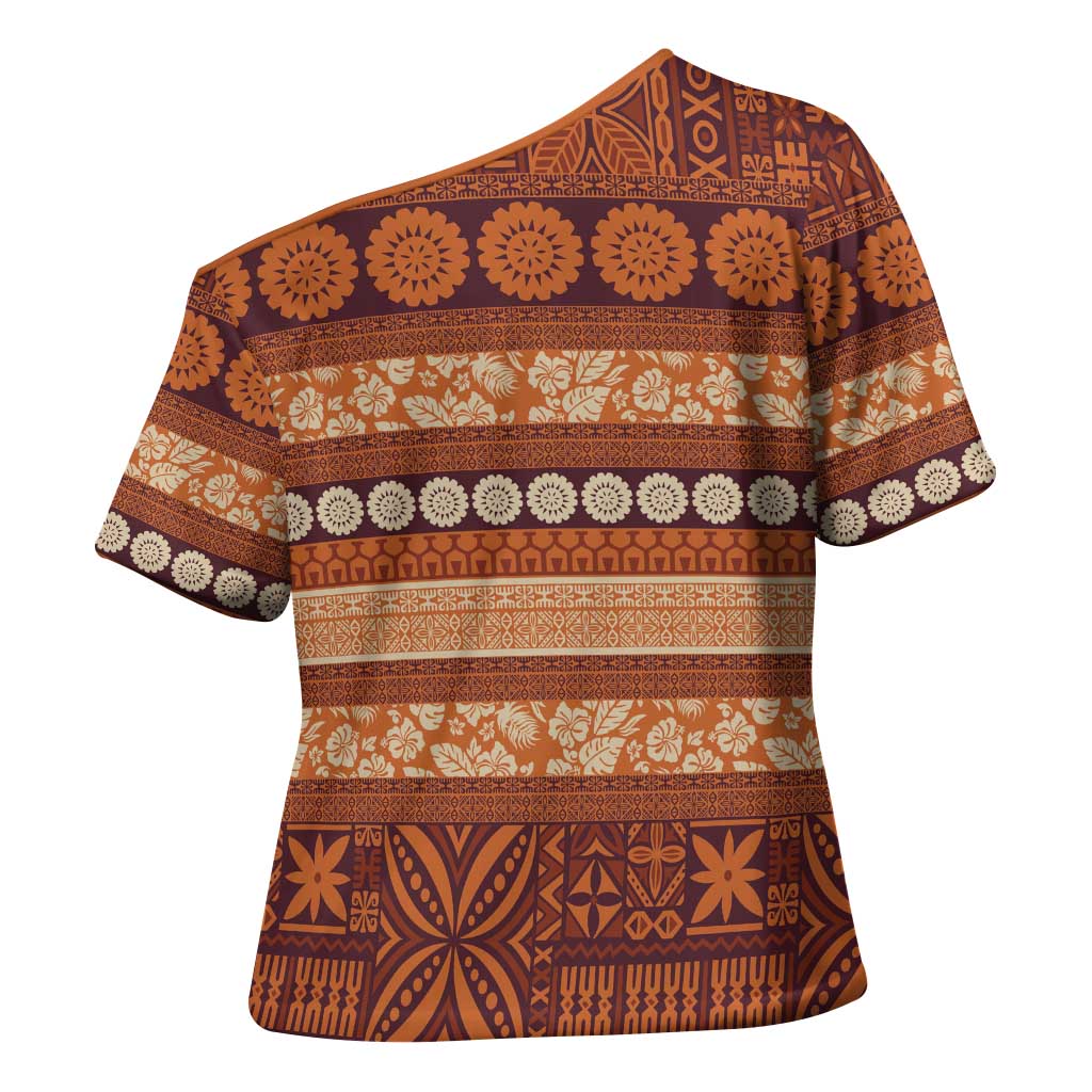 Fiji Marau na Kerisimasi Cross Shoulder Shirt Gold Tapa Masi Inspired Christmas LT9 - Polynesian Pride
