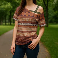 Fiji Marau na Kerisimasi Cross Shoulder Shirt Gold Tapa Masi Inspired Christmas LT9 - Polynesian Pride