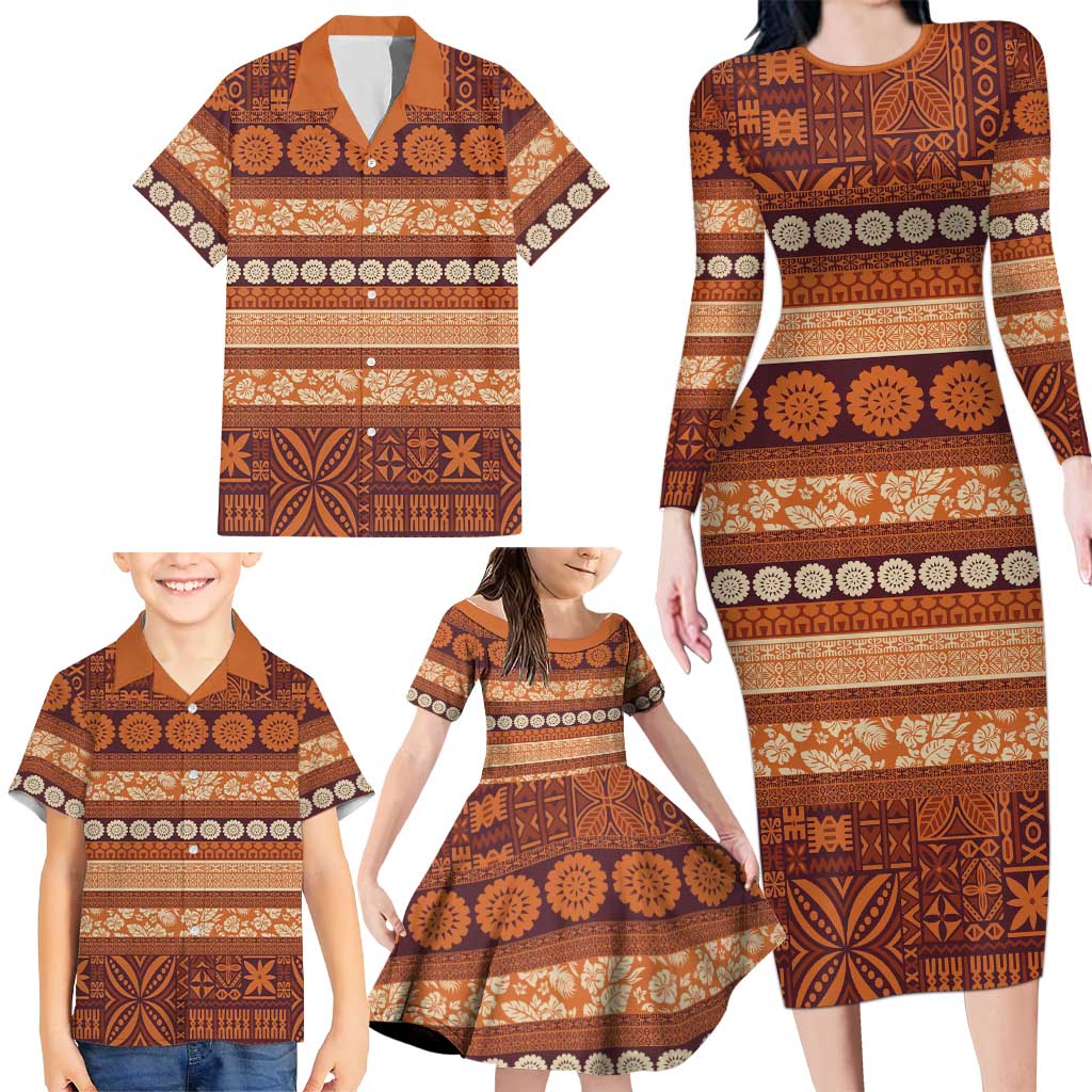 Fiji Marau na Kerisimasi Family Matching Long Sleeve Bodycon Dress and Hawaiian Shirt Gold Tapa Masi Inspired Christmas - Polynesian Pride