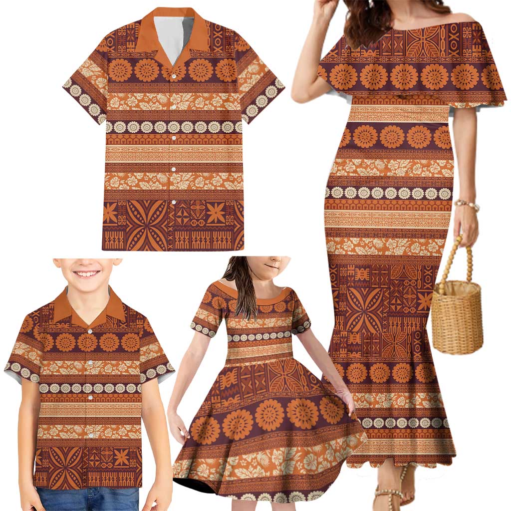 Fiji Marau na Kerisimasi Family Matching Mermaid Dress and Hawaiian Shirt Gold Tapa Masi Inspired Christmas - Polynesian Pride