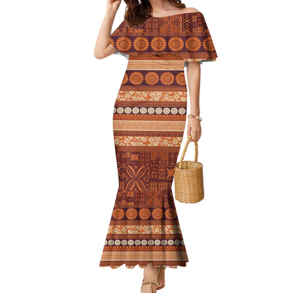 Fiji Marau na Kerisimasi Family Matching Mermaid Dress and Hawaiian Shirt Gold Tapa Masi Inspired Christmas LT9 Mom's Dress Gold - Polynesian Pride