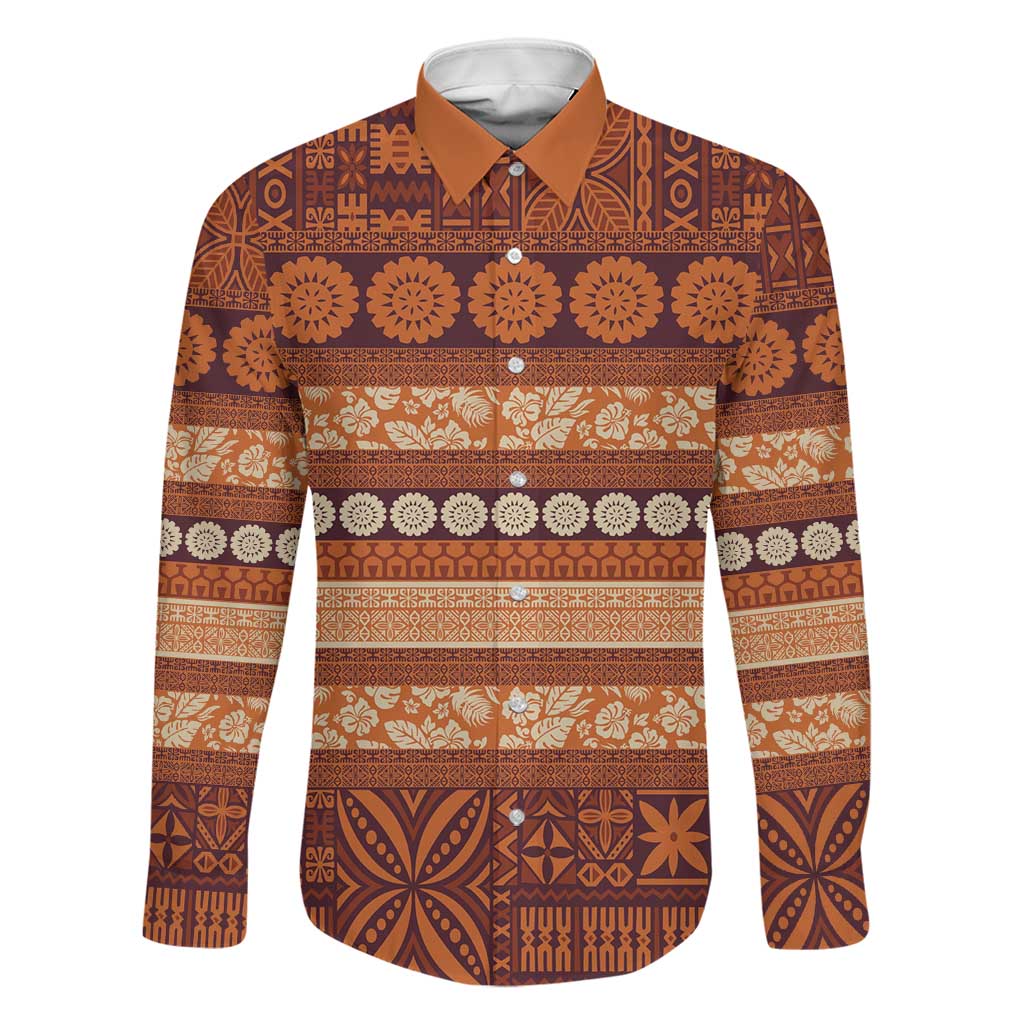 Fiji Marau na Kerisimasi Family Matching Off The Shoulder Long Sleeve Dress and Hawaiian Shirt Gold Tapa Masi Inspired Christmas LT9 Dad's Shirt - Long Sleeve Gold - Polynesian Pride