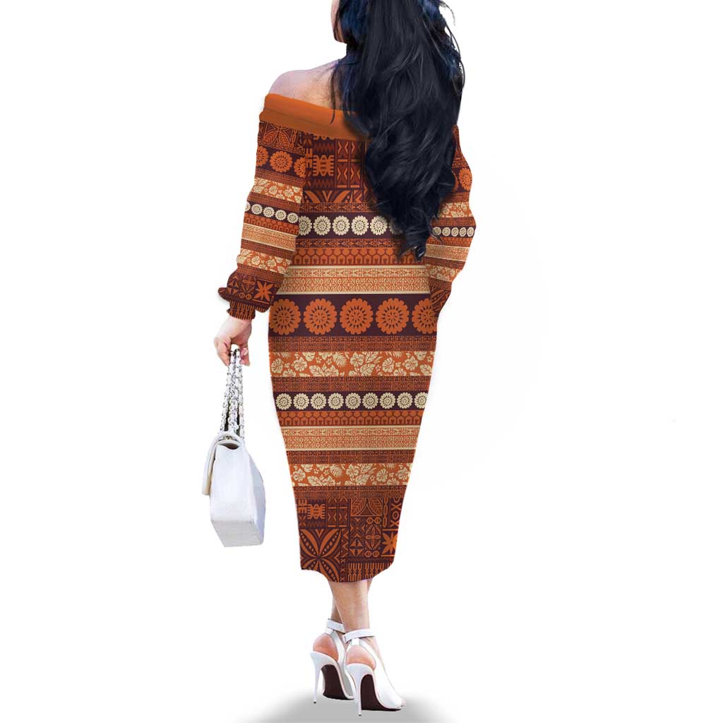 Fiji Marau na Kerisimasi Family Matching Off The Shoulder Long Sleeve Dress and Hawaiian Shirt Gold Tapa Masi Inspired Christmas LT9 - Polynesian Pride
