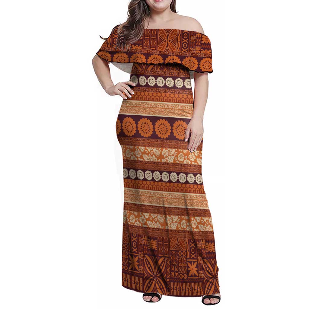 Fiji Marau na Kerisimasi Family Matching Off Shoulder Maxi Dress and Hawaiian Shirt Gold Tapa Masi Inspired Christmas LT9 Mom's Dress Gold - Polynesian Pride