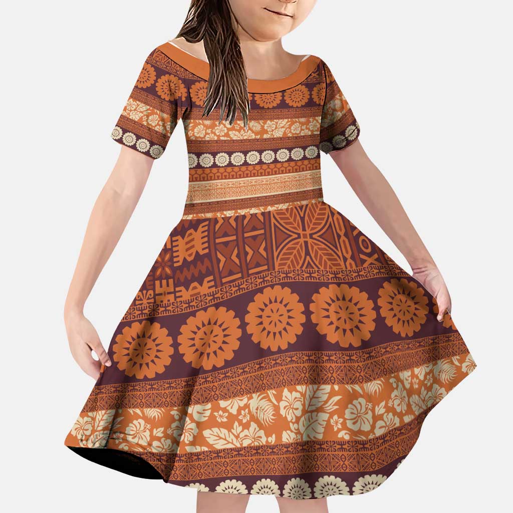 Fiji Marau na Kerisimasi Family Matching Off Shoulder Short Dress and Hawaiian Shirt Gold Tapa Masi Inspired Christmas LT9 Daughter's Dress Gold - Polynesian Pride