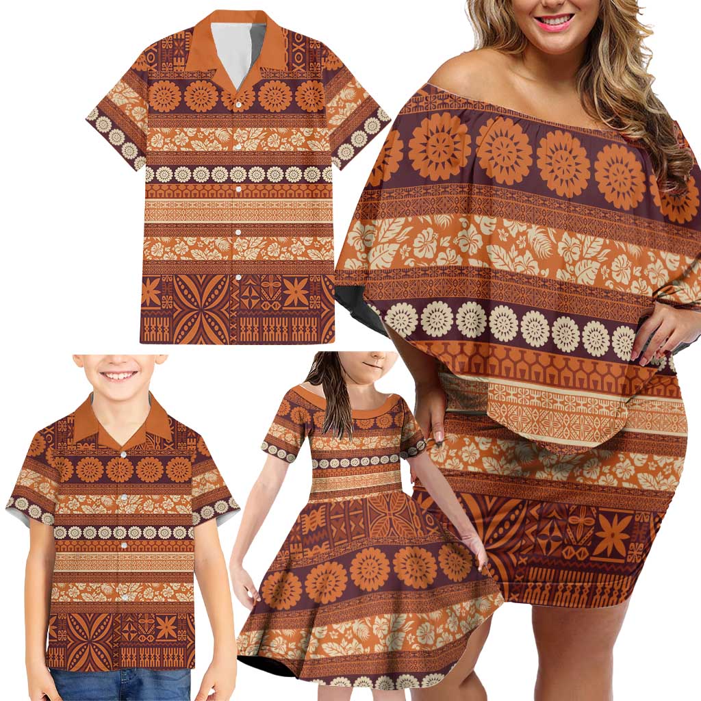 Fiji Marau na Kerisimasi Family Matching Off Shoulder Short Dress and Hawaiian Shirt Gold Tapa Masi Inspired Christmas LT9 - Polynesian Pride