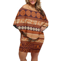 Fiji Marau na Kerisimasi Family Matching Off Shoulder Short Dress and Hawaiian Shirt Gold Tapa Masi Inspired Christmas LT9 Mom's Dress Gold - Polynesian Pride