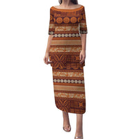 Fiji Marau na Kerisimasi Family Matching Puletasi and Hawaiian Shirt Gold Tapa Masi Inspired Christmas LT9 Mom's Dress Gold - Polynesian Pride