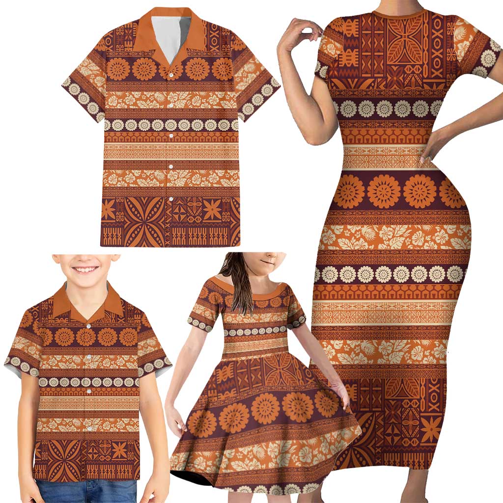 Fiji Marau na Kerisimasi Family Matching Short Sleeve Bodycon Dress and Hawaiian Shirt Gold Tapa Masi Inspired Christmas - Polynesian Pride