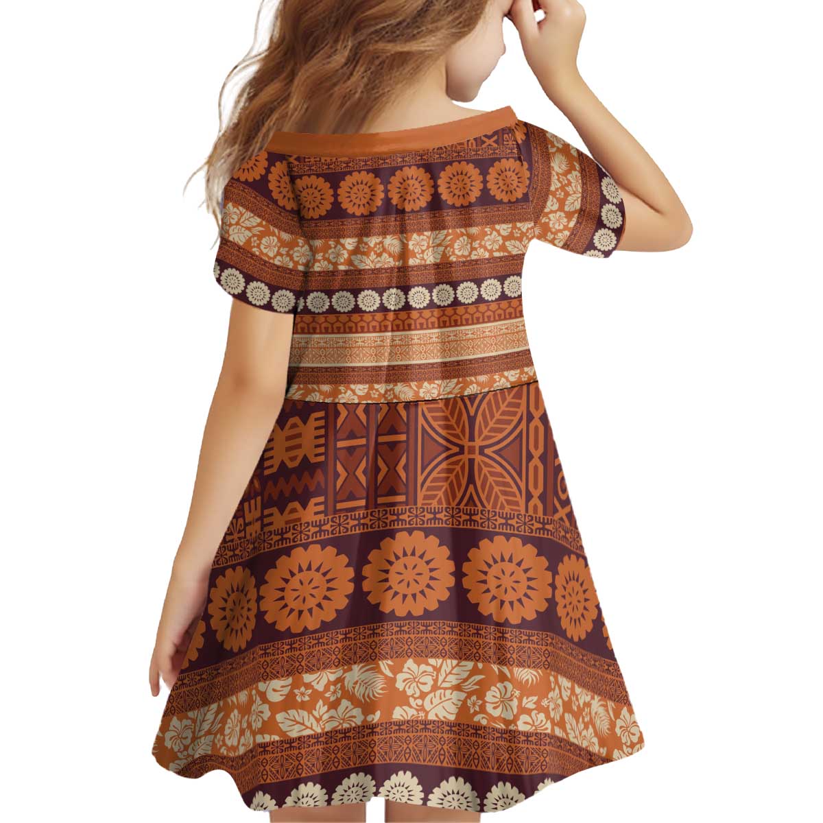Fiji Marau na Kerisimasi Kid Short Sleeve Dress Gold Tapa Masi Inspired Christmas LT9 - Polynesian Pride