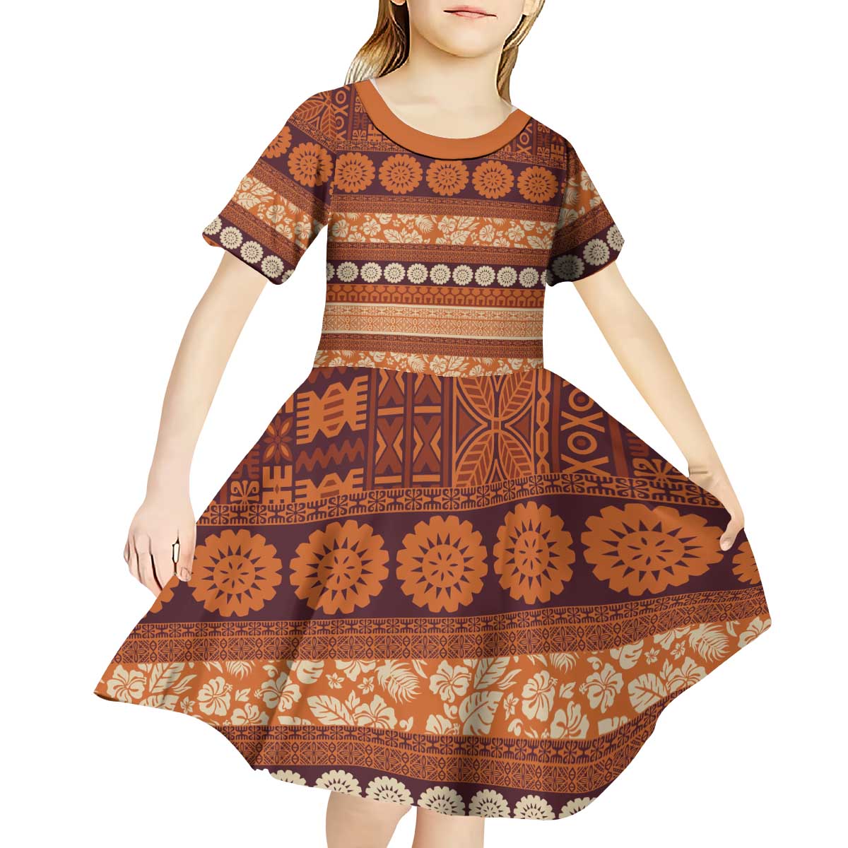 Fiji Marau na Kerisimasi Kid Short Sleeve Dress Gold Tapa Masi Inspired Christmas LT9 - Polynesian Pride