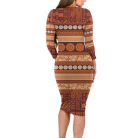 Fiji Marau na Kerisimasi Long Sleeve Bodycon Dress Gold Tapa Masi Inspired Christmas LT9 - Polynesian Pride